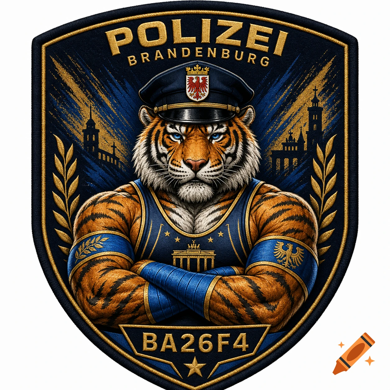 An embroidered police patch featuring a muscular tiger in a police cap and wrestler outfit, with 'POLIZEI BRANDENBURG' text.