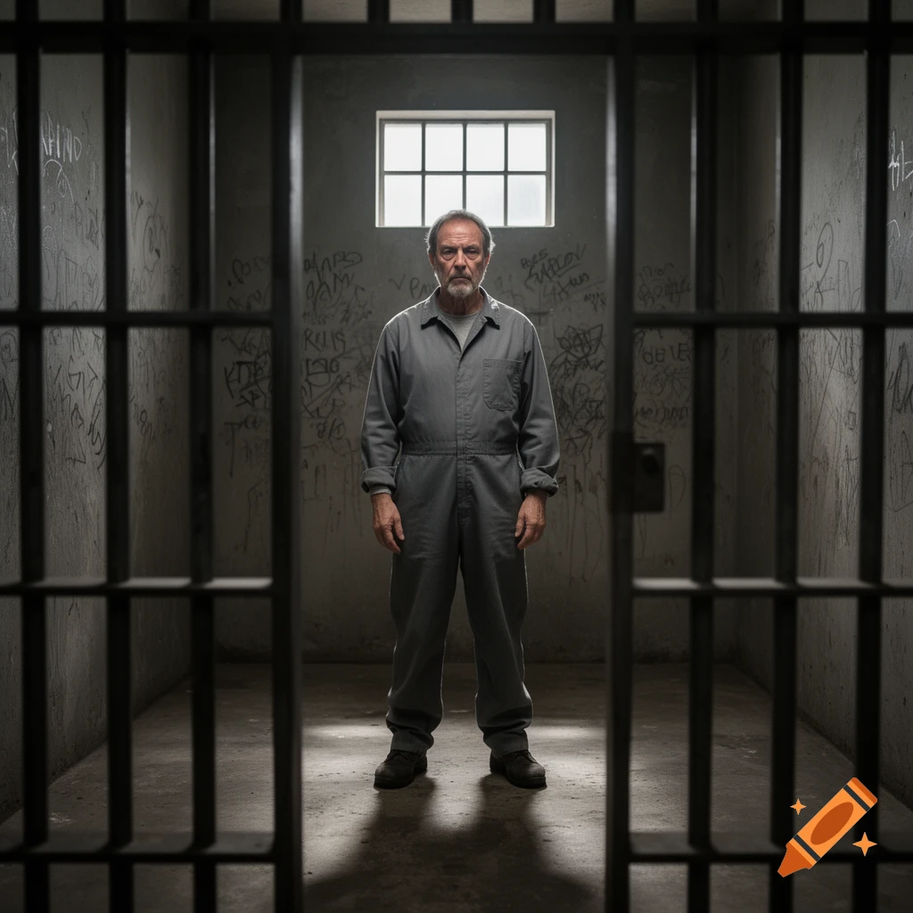 A serious man in a grey jumpsuit stands in a dark, graffiti-covered prison cell, behind metal bars, looking forward.