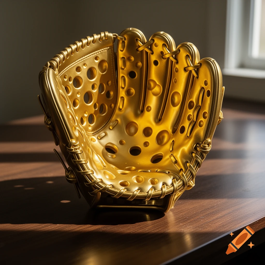 A shiny golden baseball glove with many holes like Swiss cheese sits on a dark wooden table in sunlight.