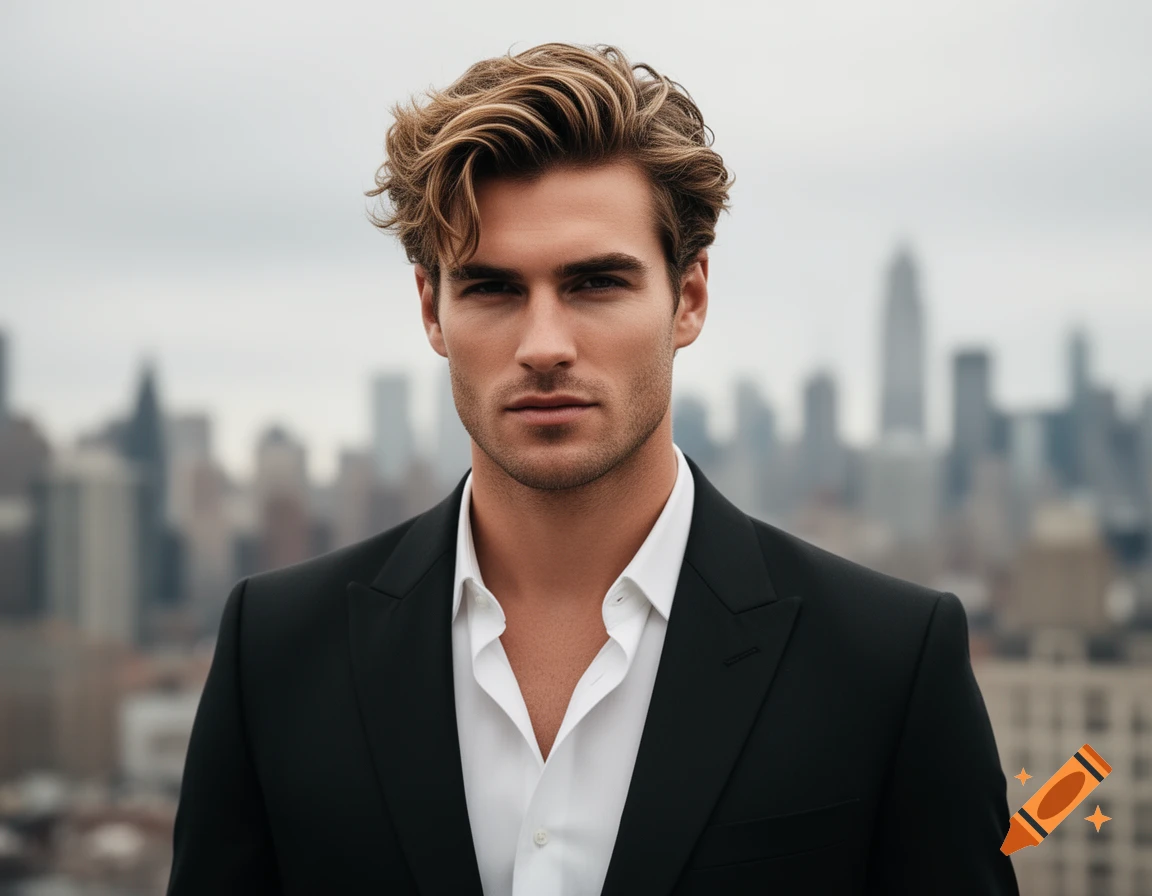 Photorealistic portrait of an attractive man with wavy blond hair in a black suit, standing against a blurred city skyline.
