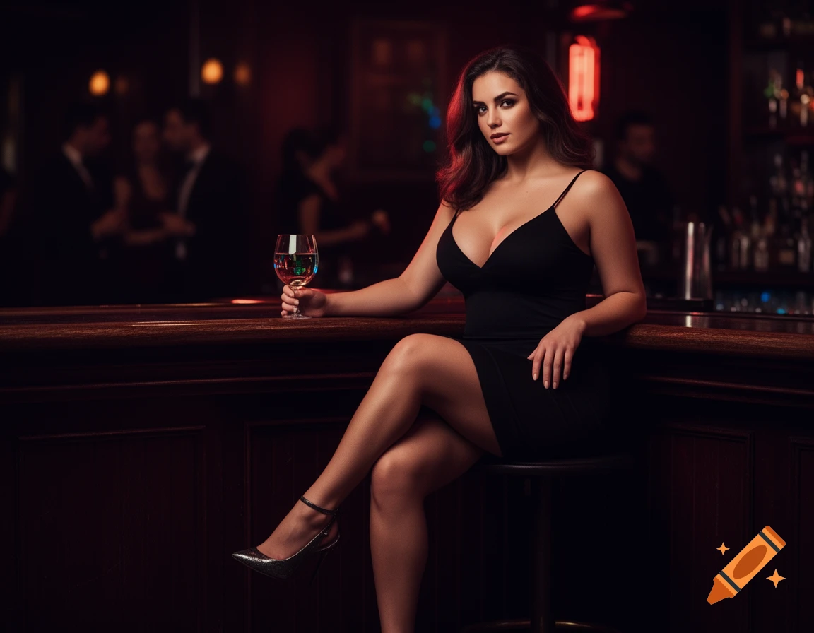 Photorealistic image of an attractive woman in a black dress sitting at a dimly lit bar, holding a drink.