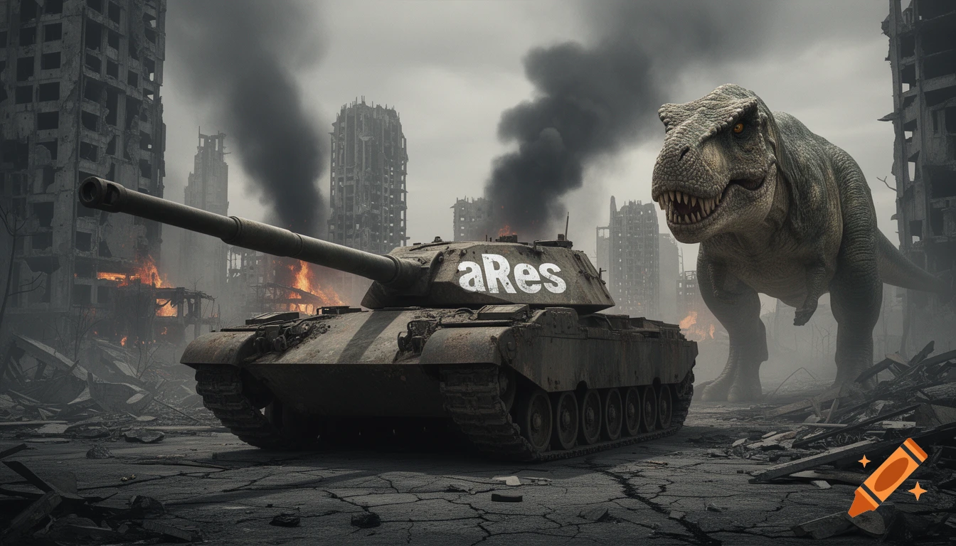 A tank with "aRes" painted on it stands in a destroyed, burning city filled with black smoke, with an angry Tyrannosaurus Rex behind it.