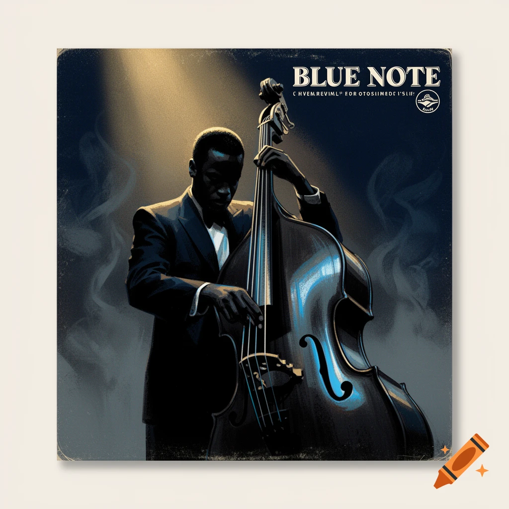 A stylized jazz album cover features a man in a suit playing a double bass under a spotlight, with "BLUE NOTE" text above.