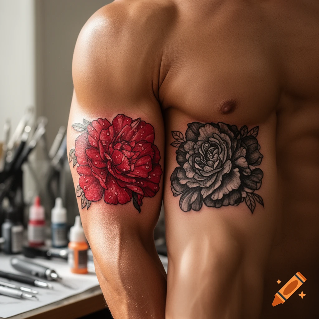 Close-up of a muscular torso with a vibrant red flower tattoo on the left bicep and a detailed black flower tattoo on the right side of the chest.