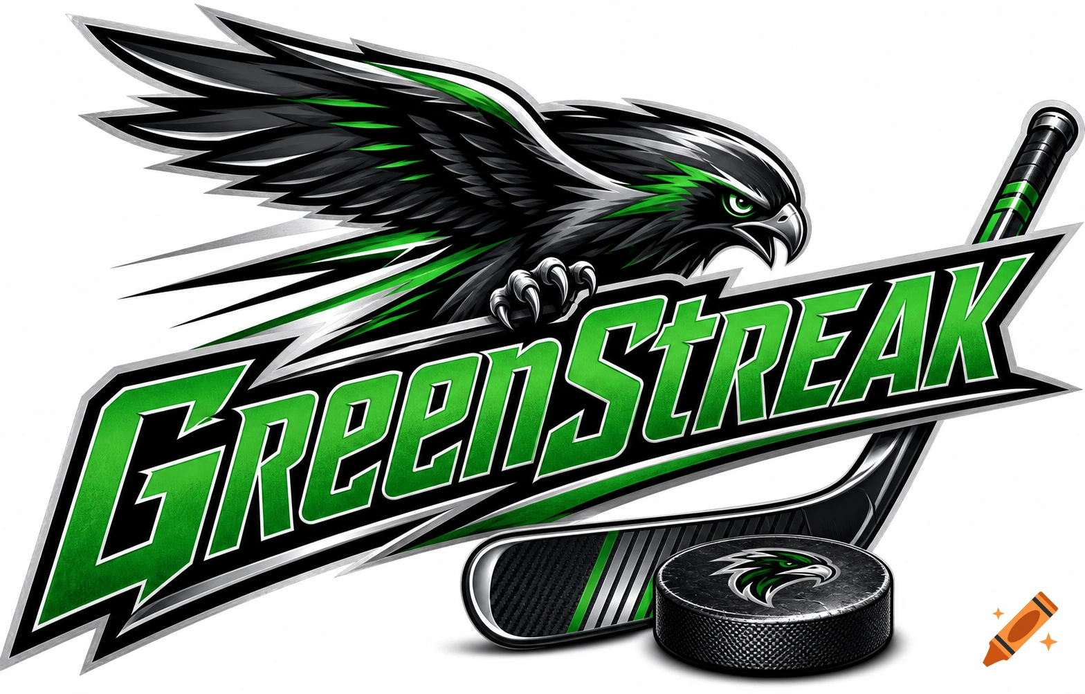 GreenStreak hockey team logo featuring an eagle, hockey stick, and puck in green, black, and silver.