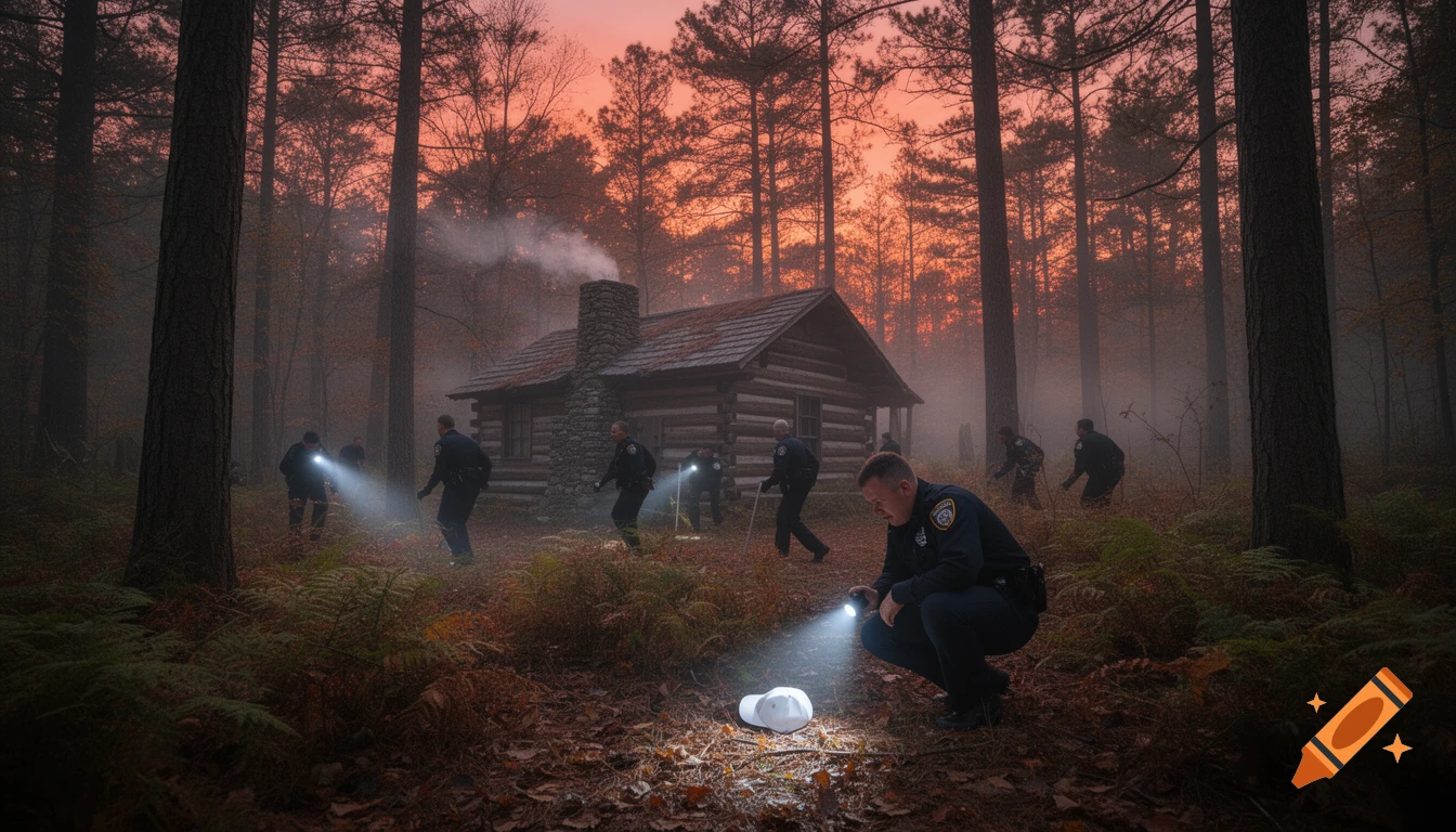 Police officers with flashlights search a misty forest at sunset around a rustic cabin, one officer inspecting a white cap on the ground.
