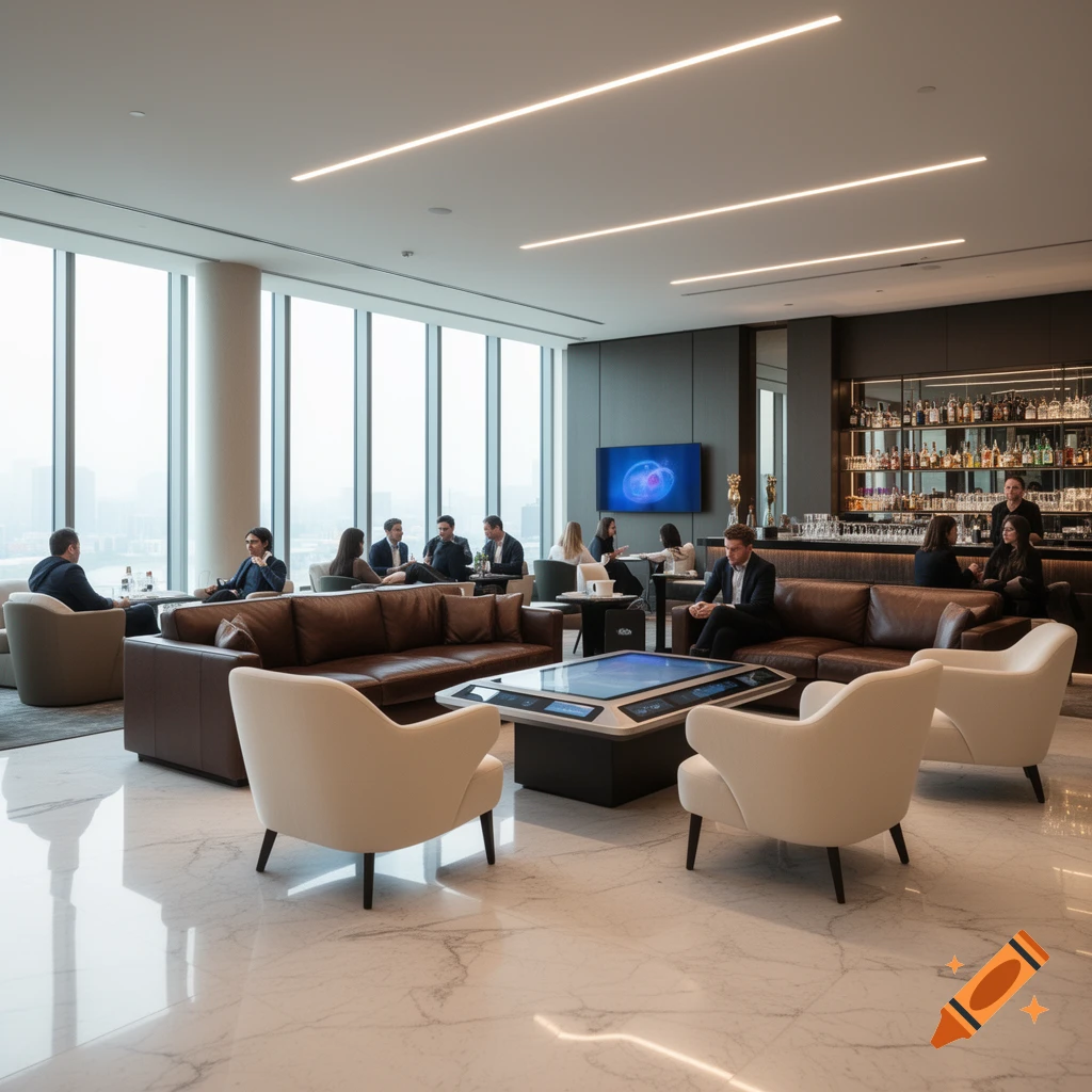 A modern, luxurious lounge with large windows, brown leather couches, white armchairs, an interactive table, and a bar area with patrons.