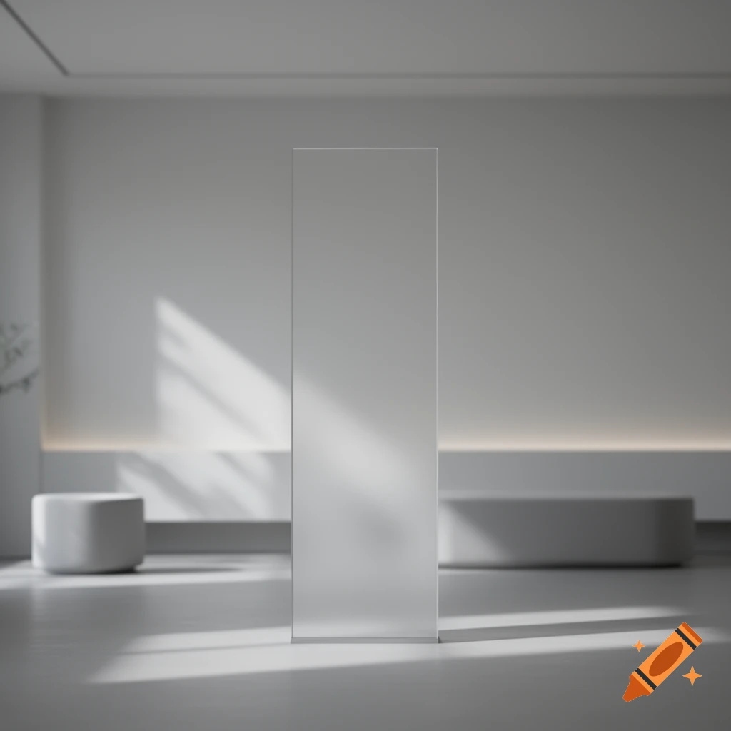 A bright, minimalist modern room with a tall grey rectangular panel in the center, casting shadows on the floor and wall.