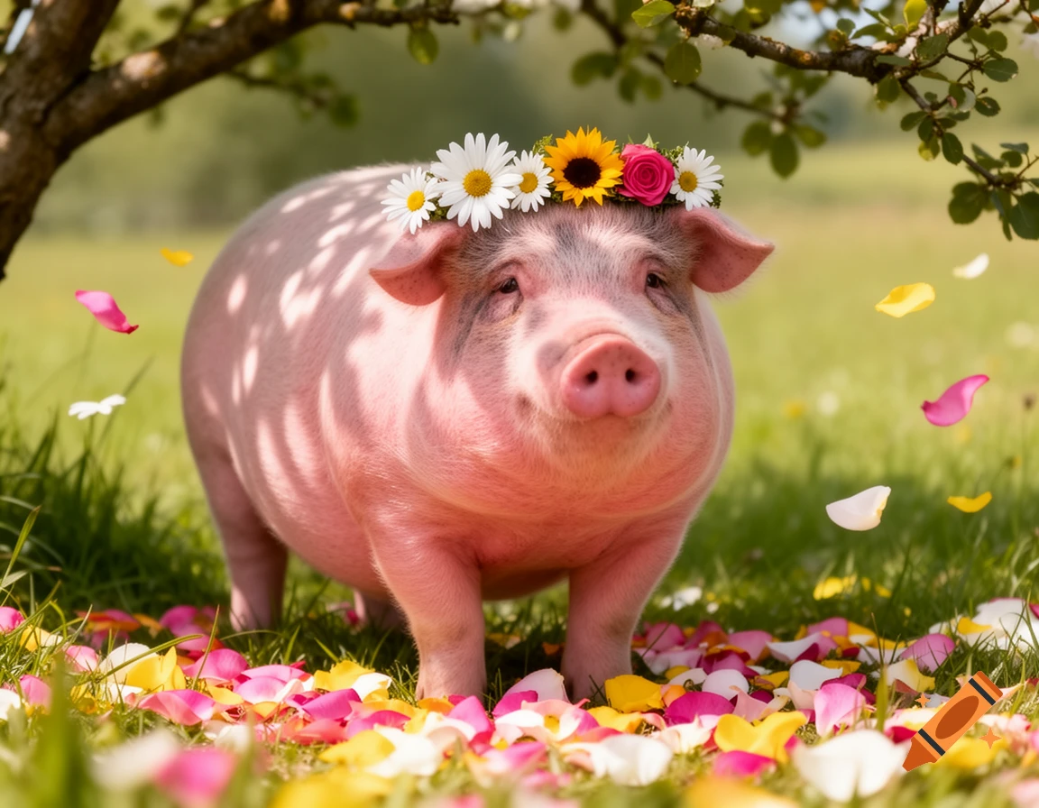 Pink pig wearing a flower crown stands in a sunny grassy field with colorful petals and a tree branch overhead, photorealistic.
