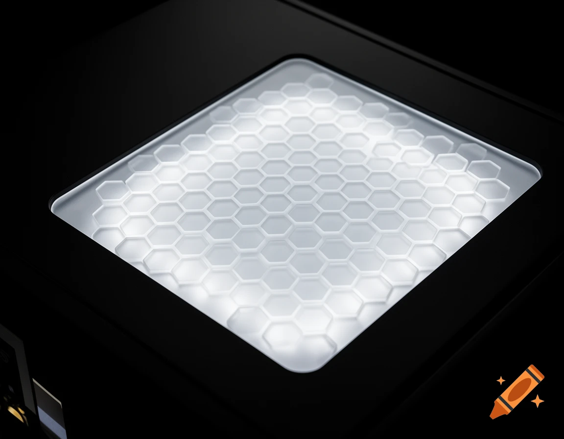 Close-up of a black matte panel featuring a glowing white hexagonal honeycomb pattern under frosted, translucent glass.