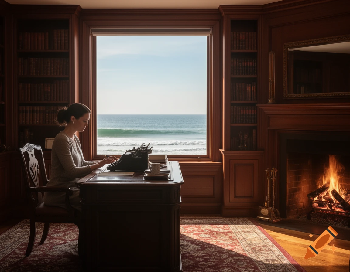 A woman types on a vintage typewriter at a desk in a cozy, wood-paneled office with an ocean view and a lit fireplace.