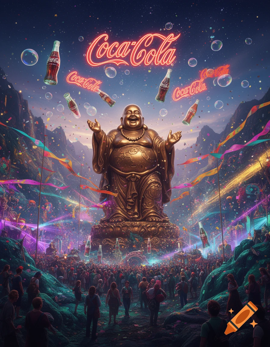 A giant laughing Buddha statue at a vibrant fantasy festival with a large crowd, glowing Coca-Cola signs, and floating bottles.