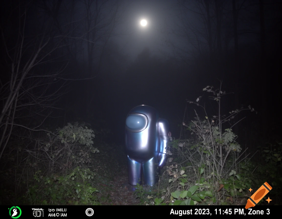 An iridescent Among Us character stands in a dark, foggy forest path under a bright moon, resembling trail camera footage with a timestamp.