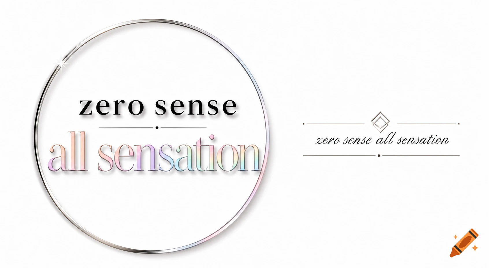 Modern logo design with 'zero sense all sensation' in a silver ring and a smaller version with geometric detail.