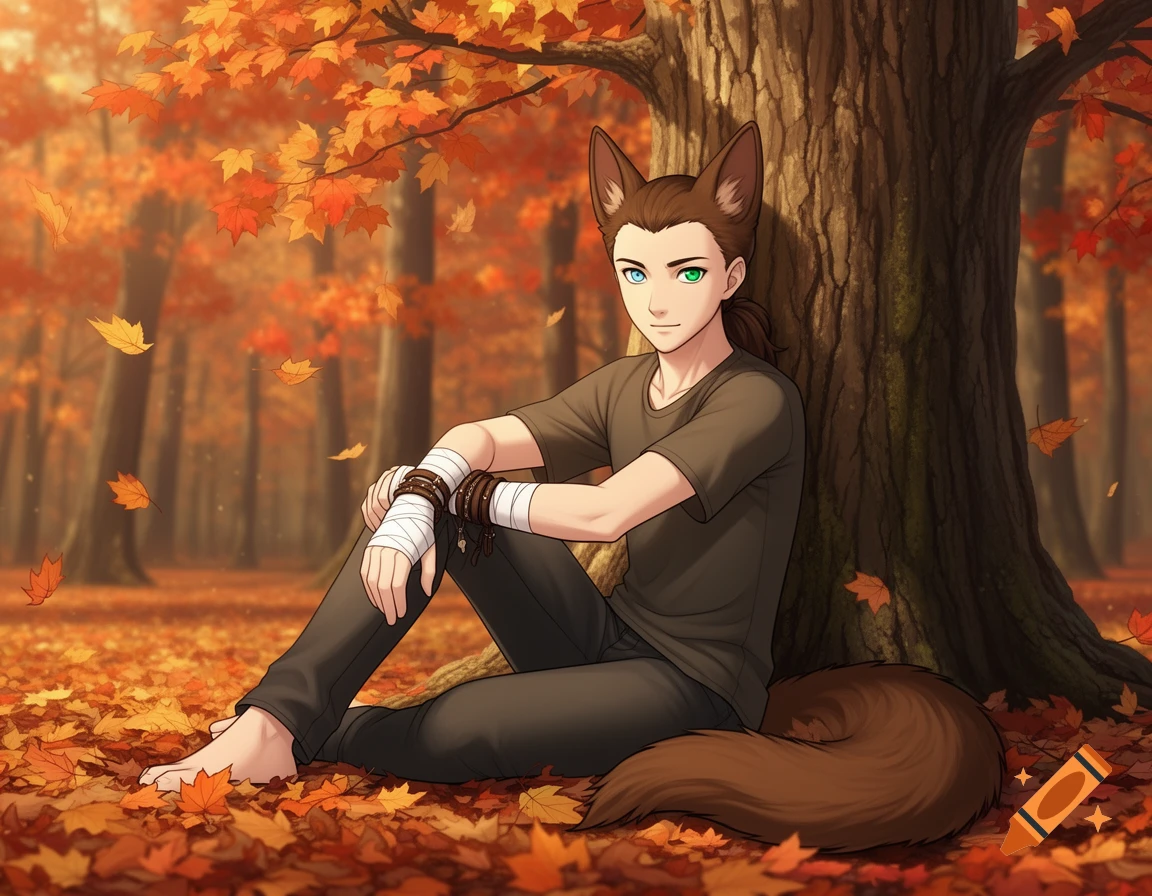 Anime man with brown dog ears and tail, wearing bandages, sits under a tree in an autumn forest. He has heterochromia eyes.