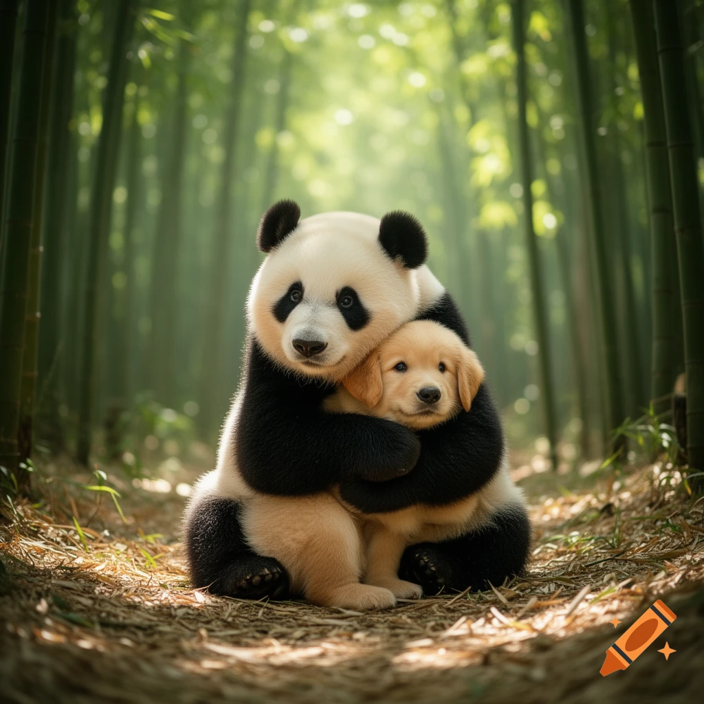 A photorealistic image of a baby panda tenderly hugging a golden retriever puppy in a sunlit bamboo forest.
