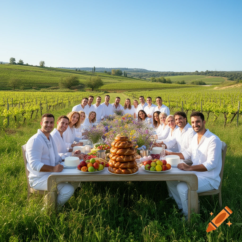 A large group of people dressed in white celebrate with a feast at a long table set in a sunny vineyard.