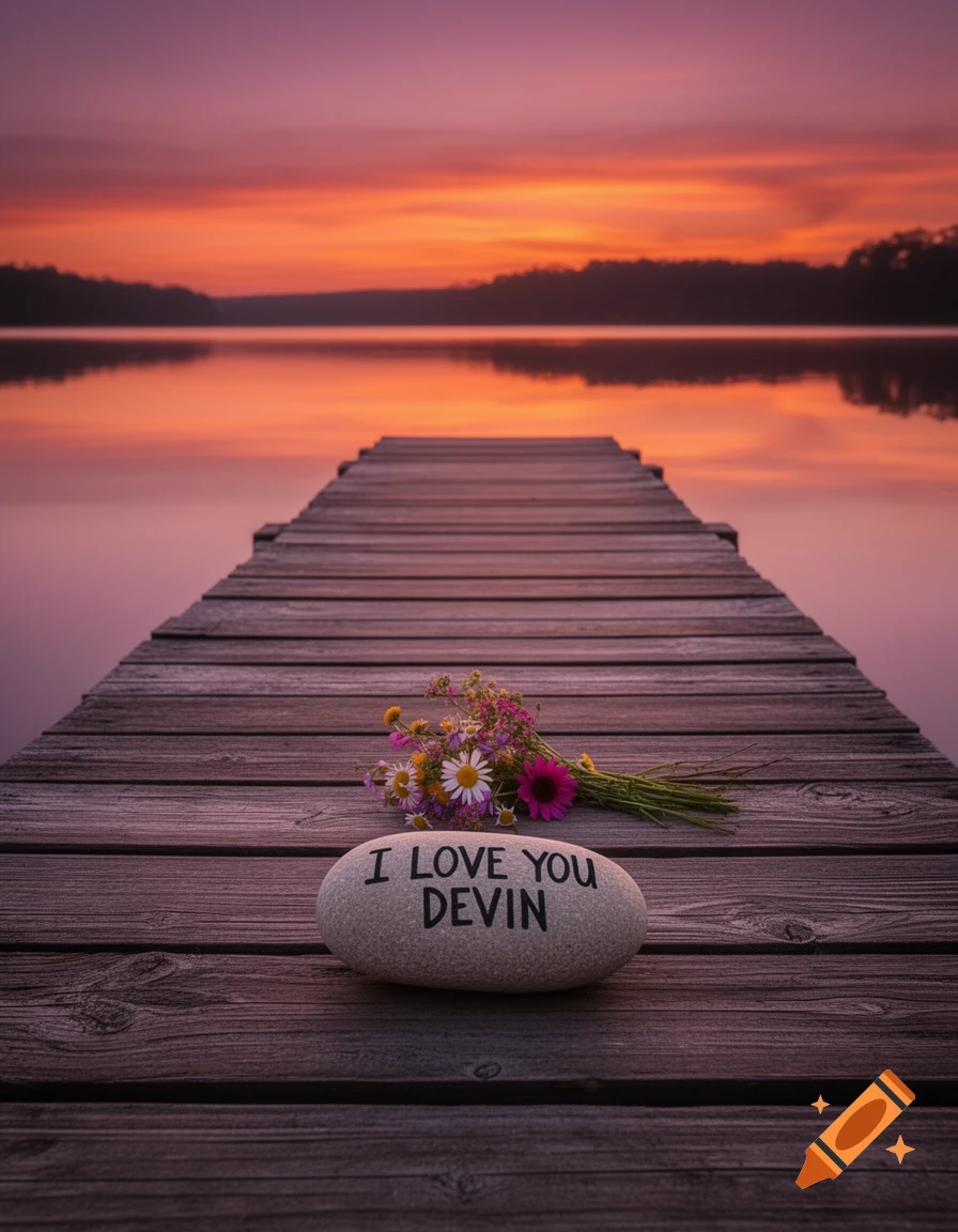 A wooden dock extends into a calm lake at sunset, with orange and purple hues reflecting on the water. A bouquet of wildflowers and a stone engraved with 'I LOVE YOU DEVIN' rest on the dock.