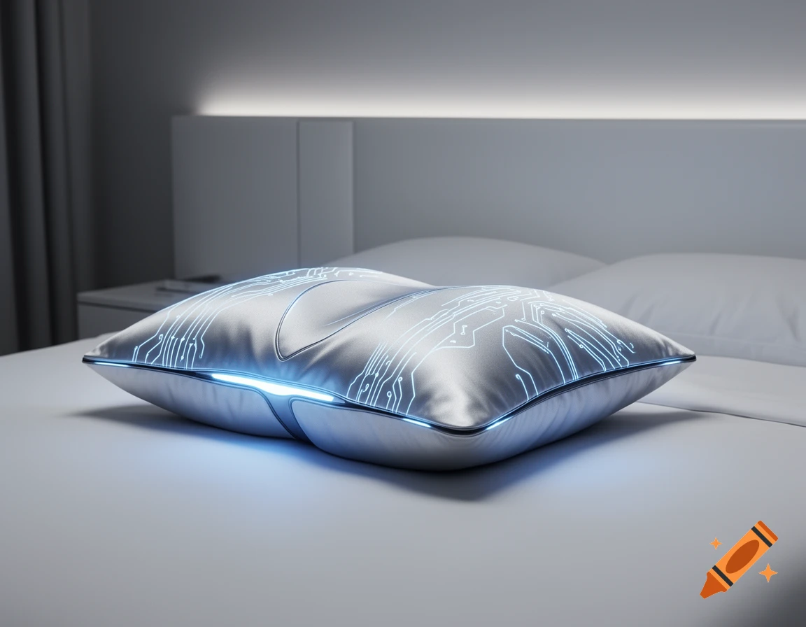A futuristic silver pillow with glowing blue circuit patterns rests on a white bed in a modern bedroom.