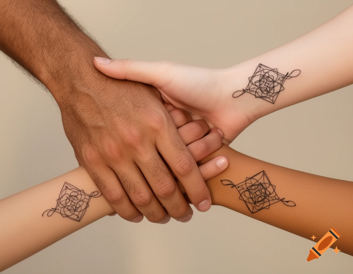 Three hands with diverse skin tones are intertwined, each wrist adorned with a matching abstract friendship tattoo, against a neutral background.