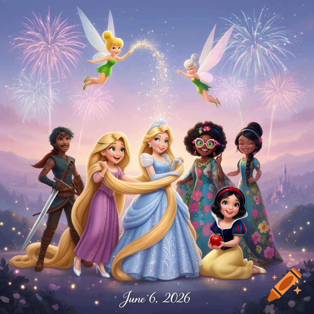 Animated Disney-style characters, including princesses, a prince, and fairies, celebrate under fireworks with 'June 6, 2026' text.