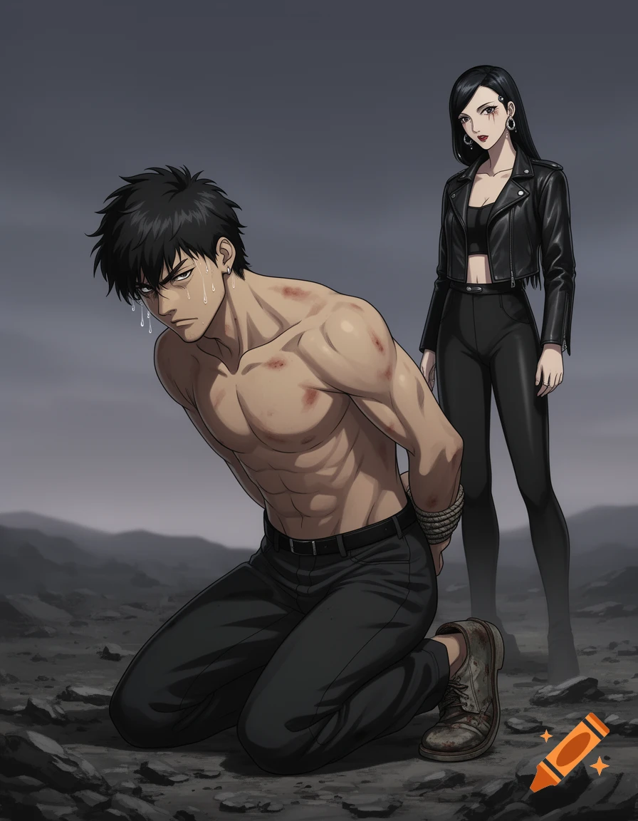 Anime-style illustration of a shirtless, bound man kneeling on rocky ground, with a stern-faced woman in a leather jacket standing behind him.