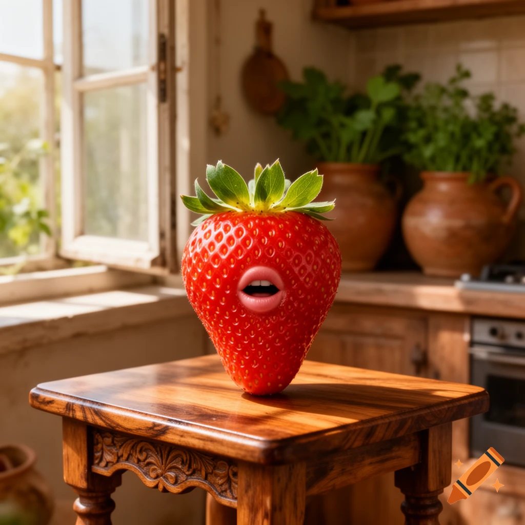 Photorealistic strawberry with human lips open, standing on a wooden table in a sunlit kitchen.