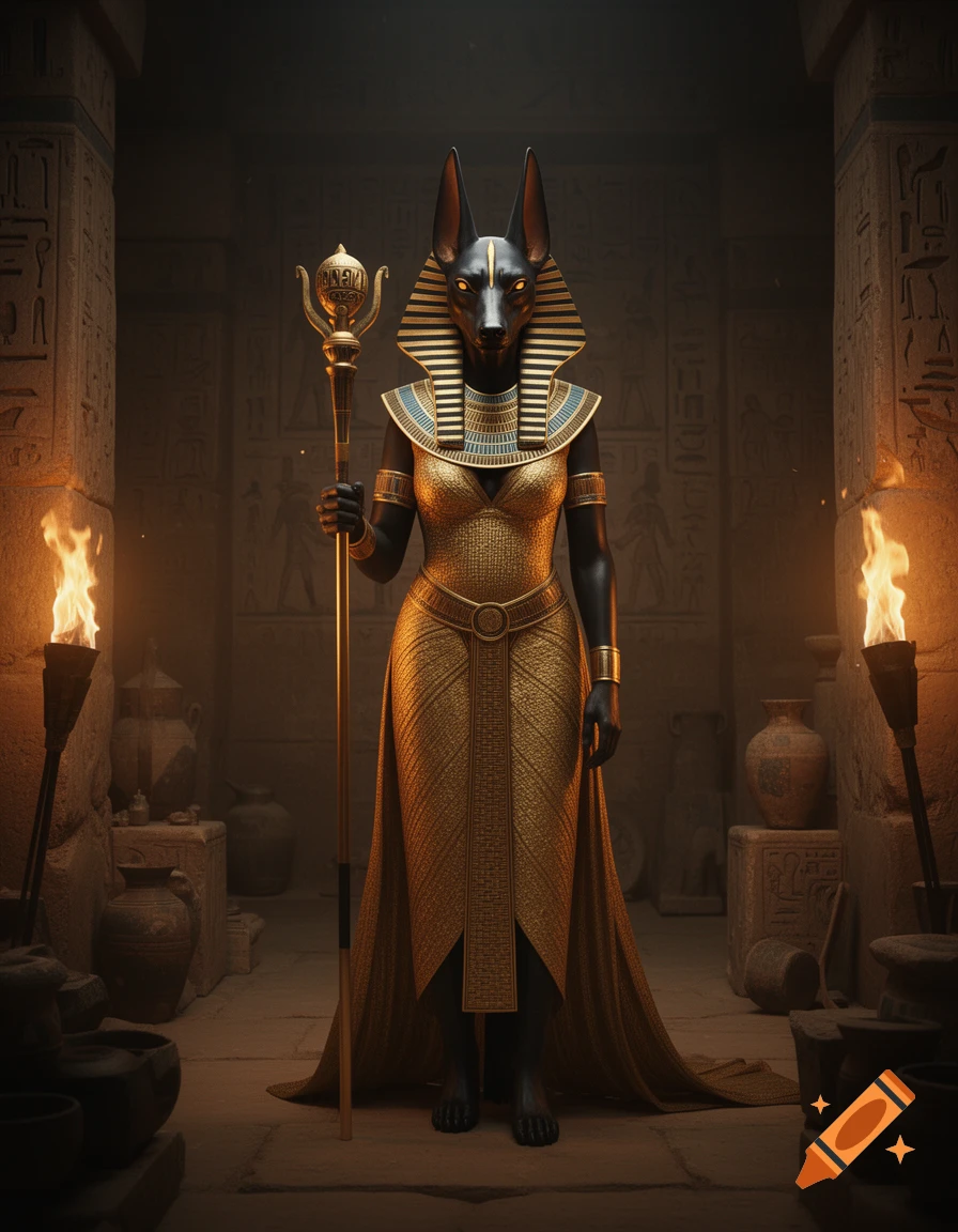 A female Anubis figure with a jackal head, wearing golden and black Egyptian attire, stands holding a staff in a torch-lit ancient Egyptian tomb.