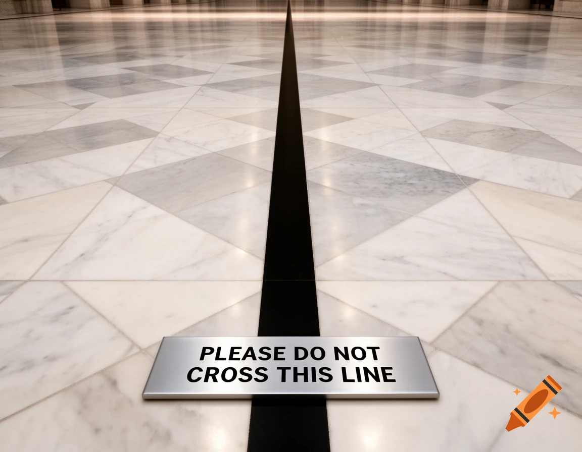 Photorealistic image of a polished white marble tiled floor with a black line down the center and a sign reading 'PLEASE DO NOT CROSS THIS LINE'.