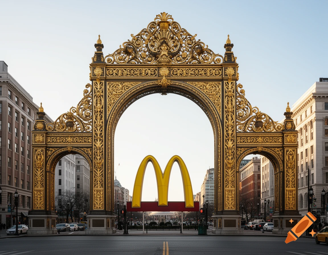 A grand, ornate golden arch frames the golden McDonald's double arches sign on a city street.