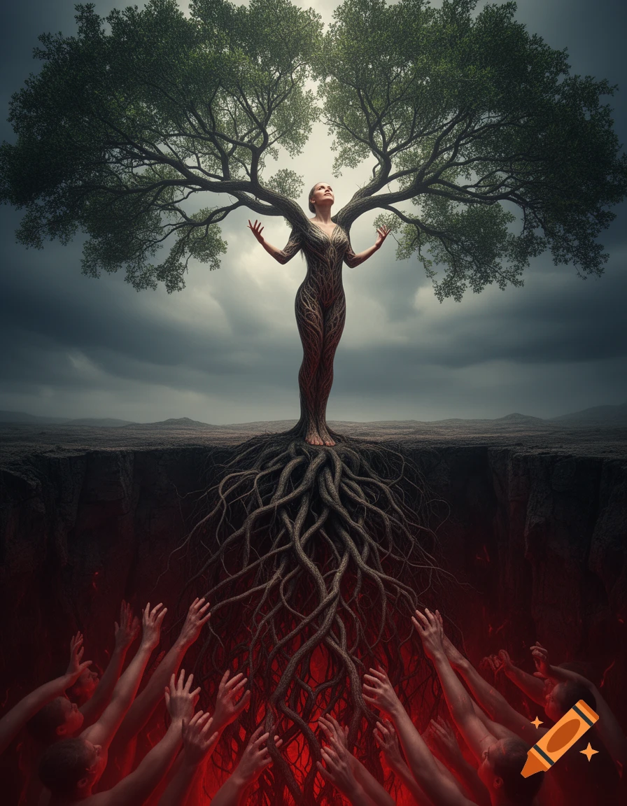 A surreal image of a woman transforming into a tree, roots in a fiery abyss with reaching hands, looking to the stormy sky.