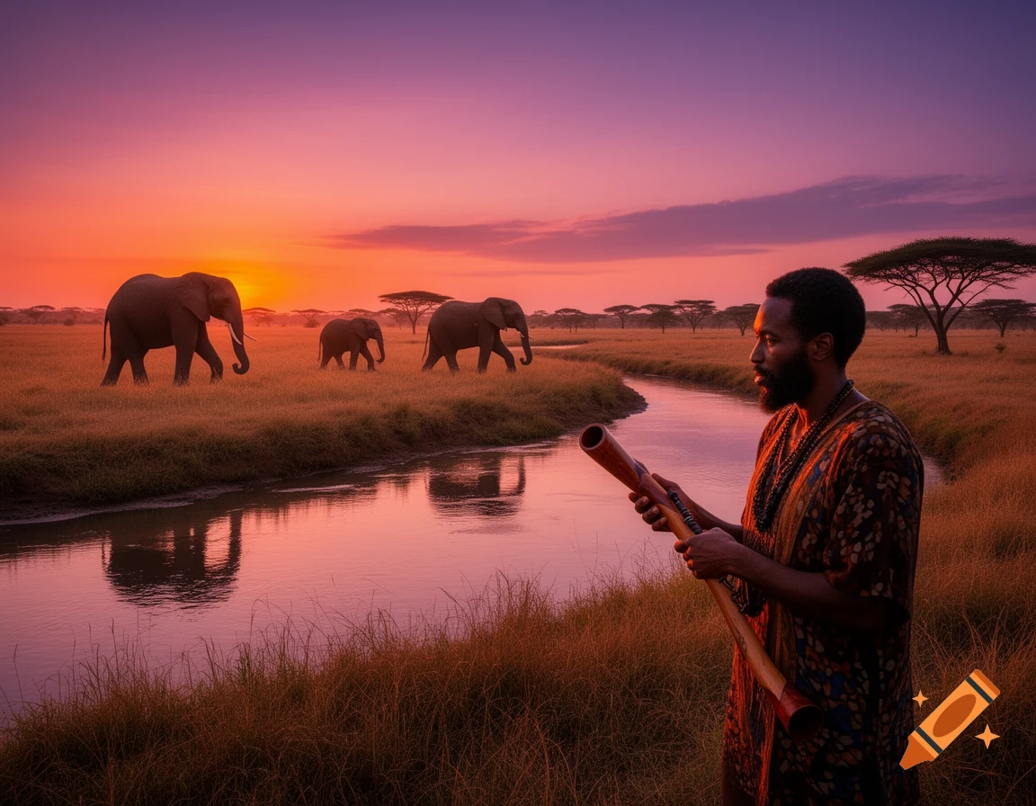 A man with a didgeridoo stands by a river in the savanna at sunset, with three elephants walking in the distance.