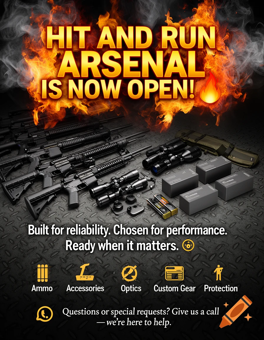 A poster advertising "Hit and Run Arsenal" with multiple assault rifles, rifle scopes, ammunition, and gear laid out on a dark, textured surface, surrounded by flames and smoke.