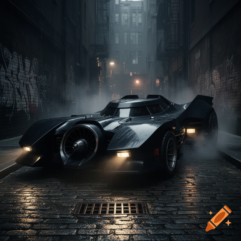 A sleek black car, resembling the Batmobile, sits on a wet, cobblestone alley street amidst fog and dim streetlights.