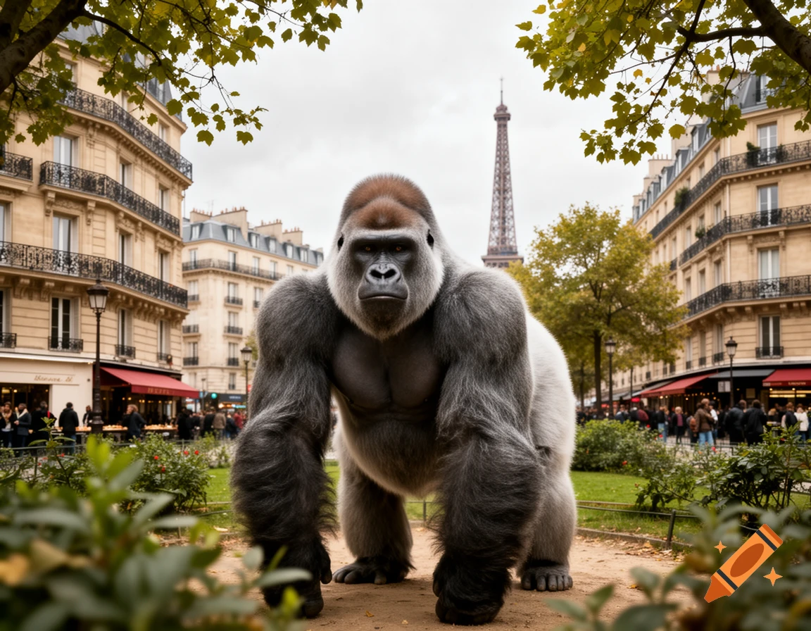 A large silverback gorilla stands on a Parisian street with the Eiffel Tower in the background, photorealistic style.