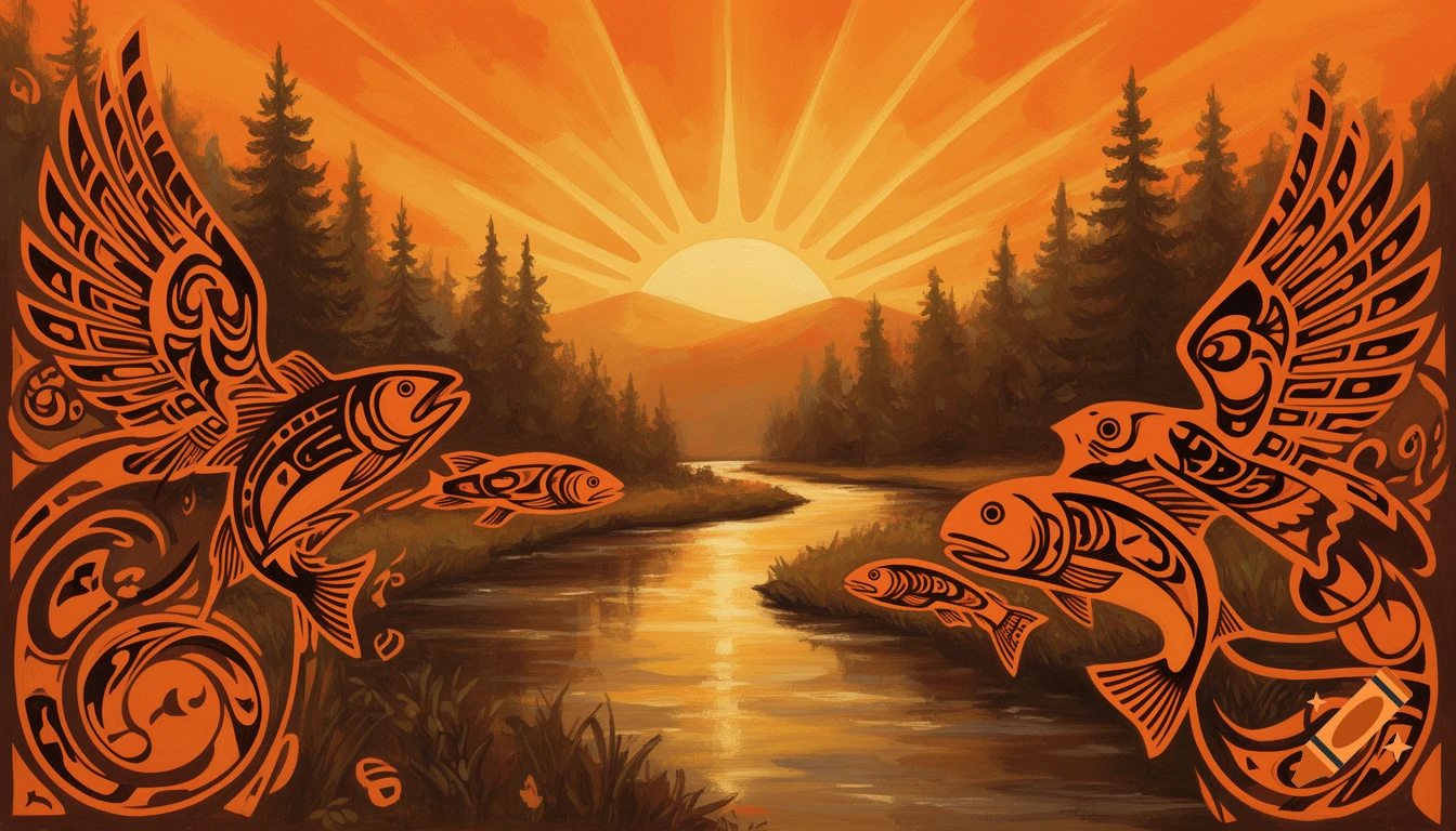 Stylized indigenous art featuring large orange winged fish above a river flowing through a forest under a setting sun.