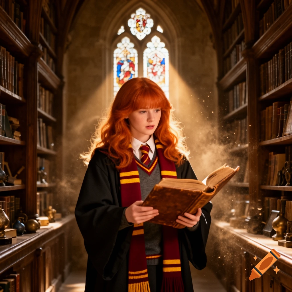 A young red-haired woman in a wizard's robe reads a large book in a magical library with stained-glass windows and sunlight.