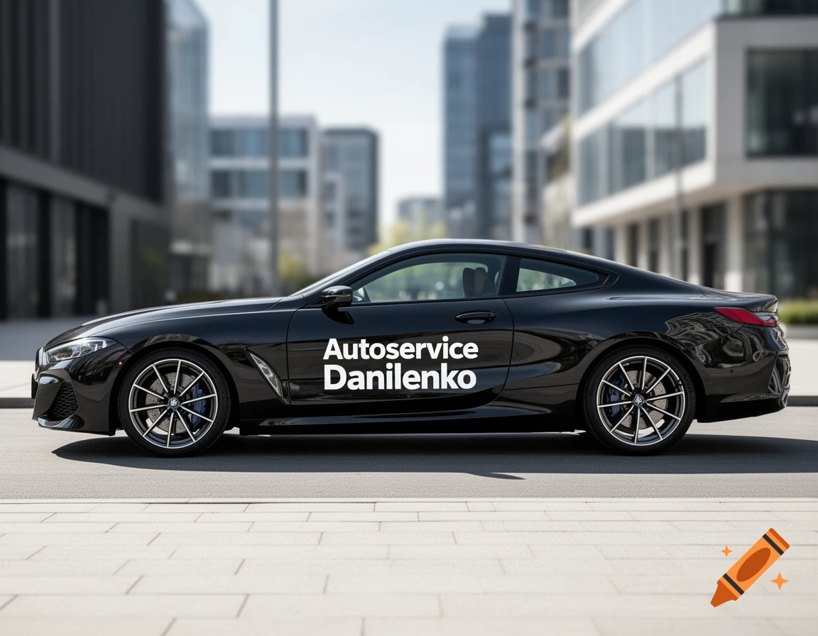 Photorealistic image of a black BMW 8 Series coupe with 'Autoservice Danilenko' on its side, parked on a city street.