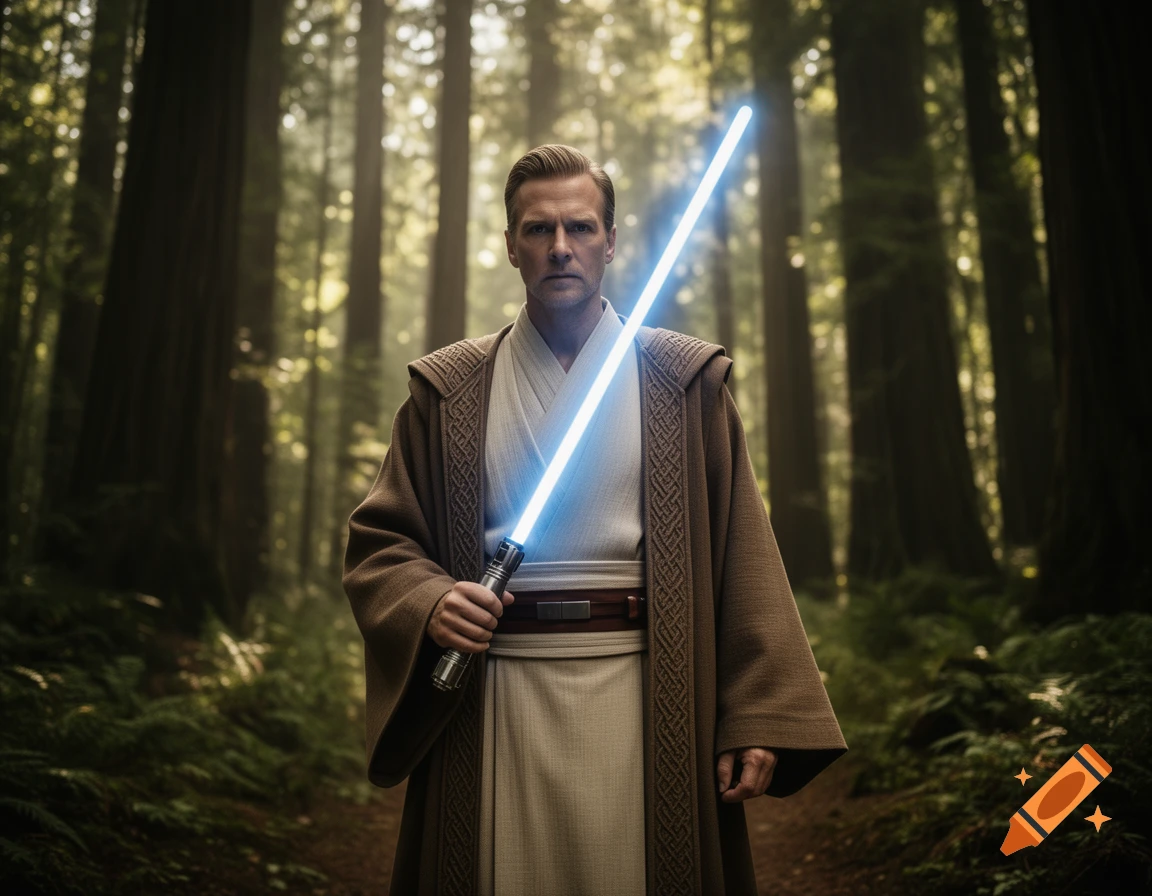 A man in Jedi robes holding a glowing blue lightsaber, standing in a sun-dappled forest.