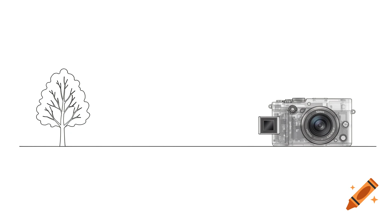 Minimalist technical diagram illustration of a tree and a semi-transparent mirrorless camera with a 50mm lens.