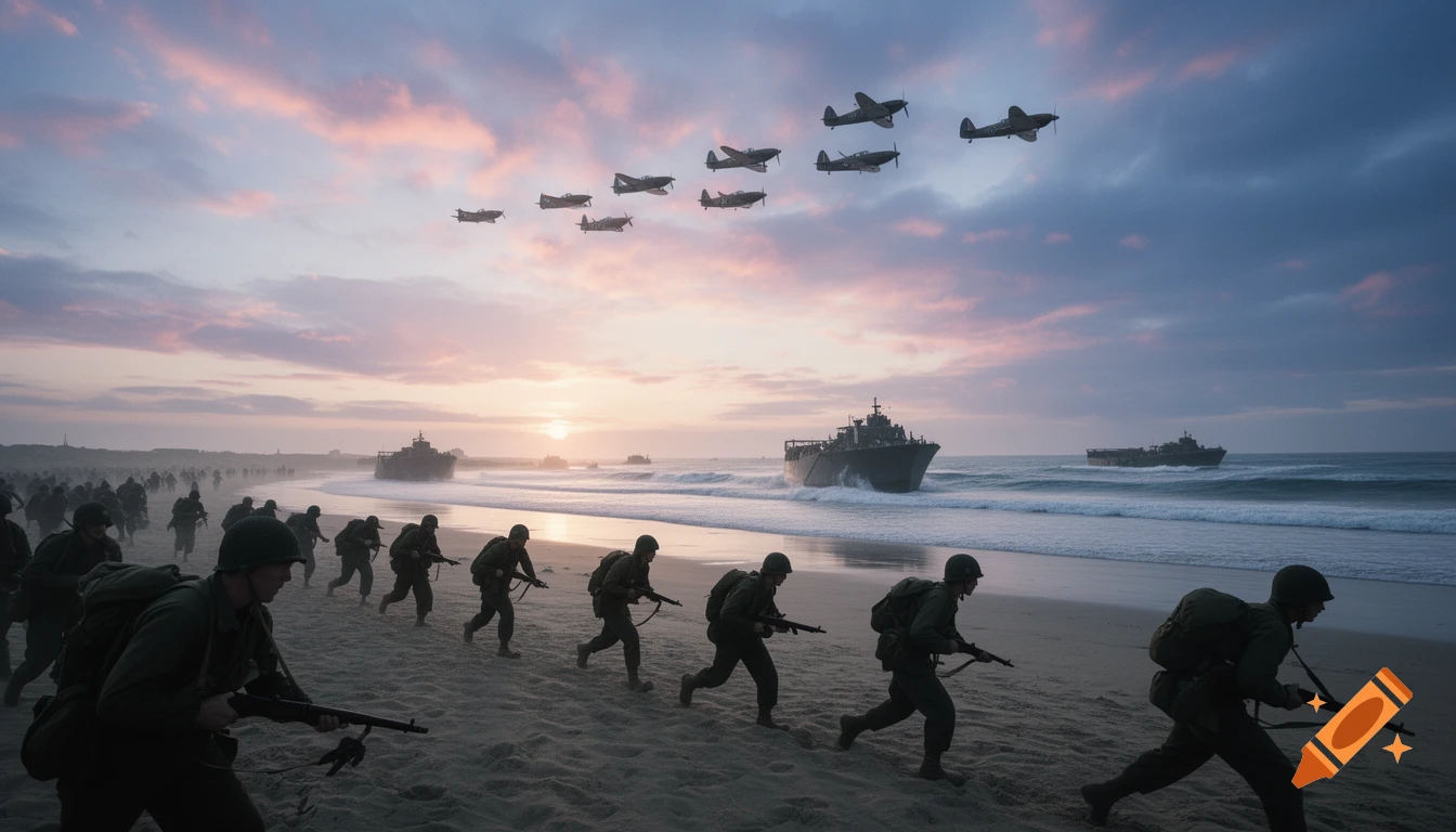 Photorealistic image of soldiers storming a beach at sunrise with landing crafts in the water and planes in the sky.