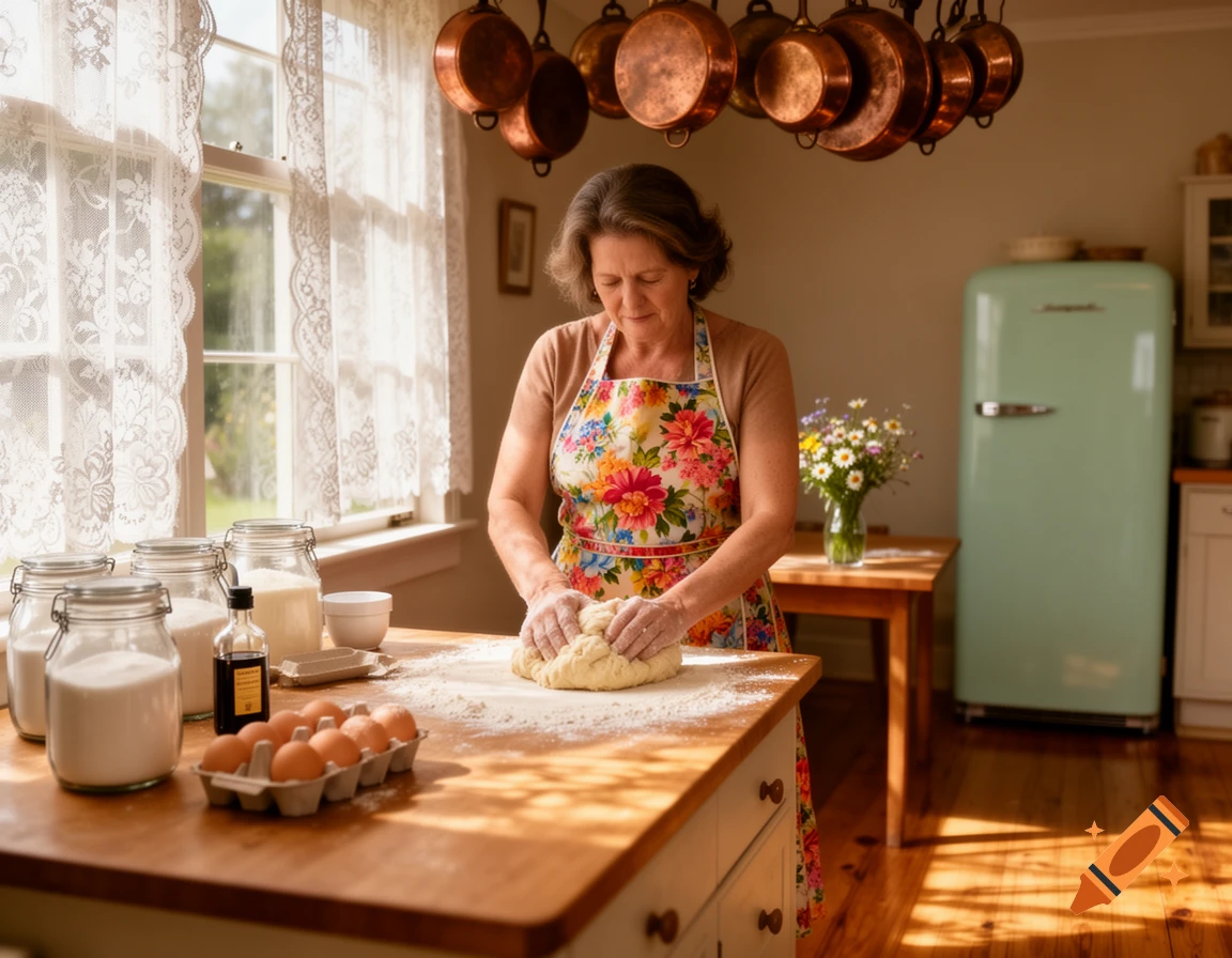 A woman in a floral apron kneads dough on a flour-dusted wooden counter in a sunlit kitchen with copper pots and a vintage refrigerator.