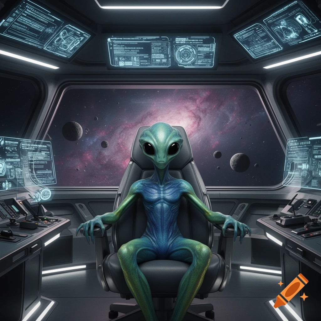 A green and blue alien sits in a futuristic spaceship cockpit, looking out at planets and a vibrant nebula.