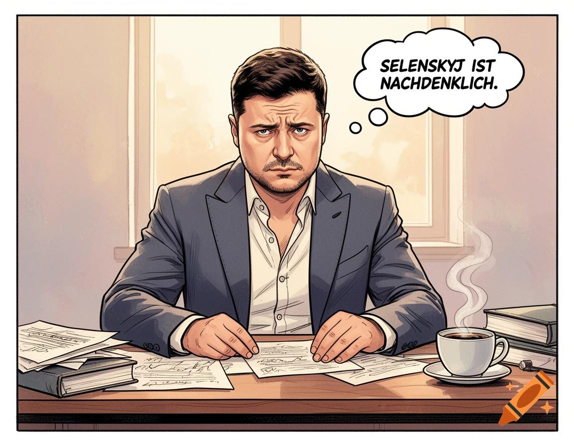 Comic art of a thoughtful Volodymyr Zelenskyy sitting at a desk with papers and a coffee cup, a thought bubble above his head.
