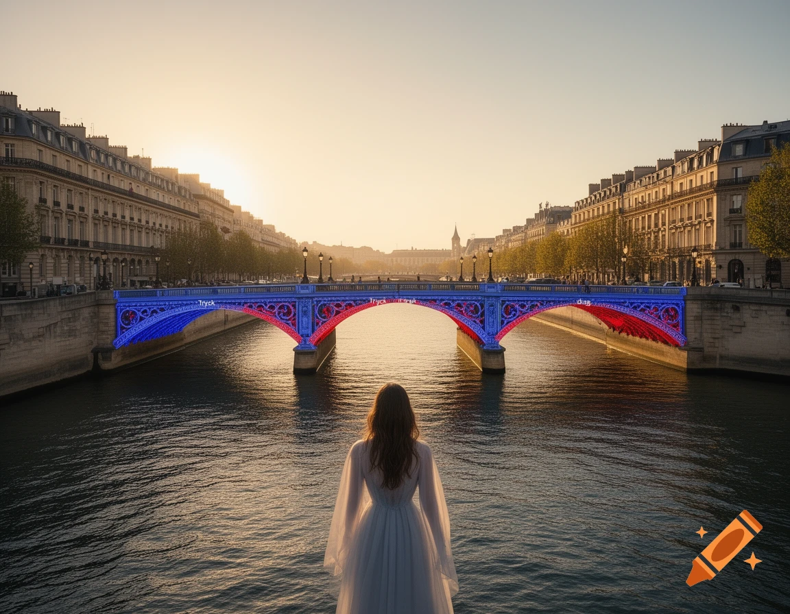 A person in a white dress stands on a bridge over a river in a city at sunset, with the bridge illuminated in red and blue.