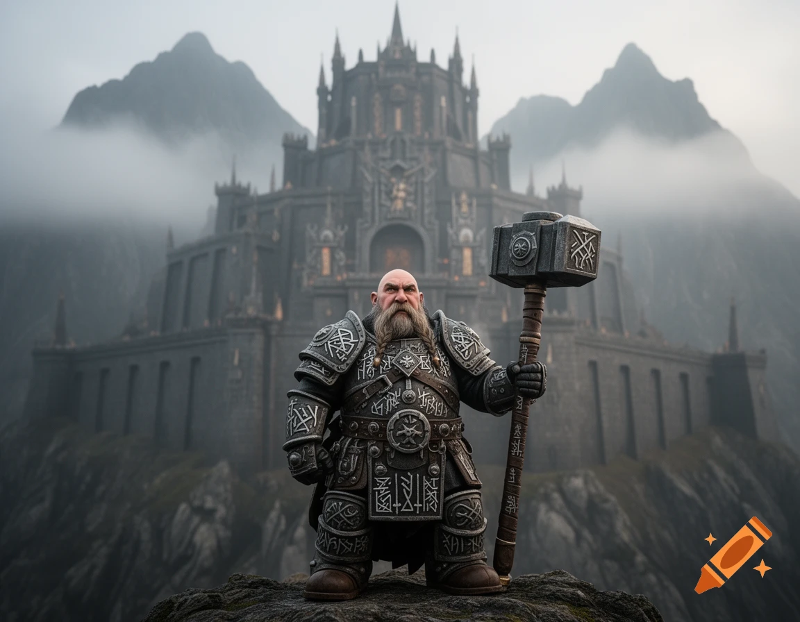 A dwarf in intricate runic armor holds a large warhammer, standing on a rocky peak before a massive mountain fortress under a grey sky.