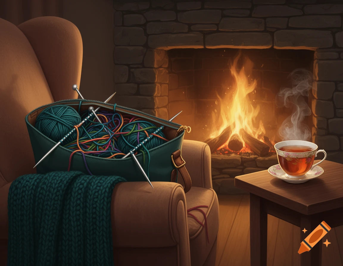 Illustrated cozy scene with knitting yarn and needles on an armchair, a roaring fireplace, and a steaming teacup on a side table.