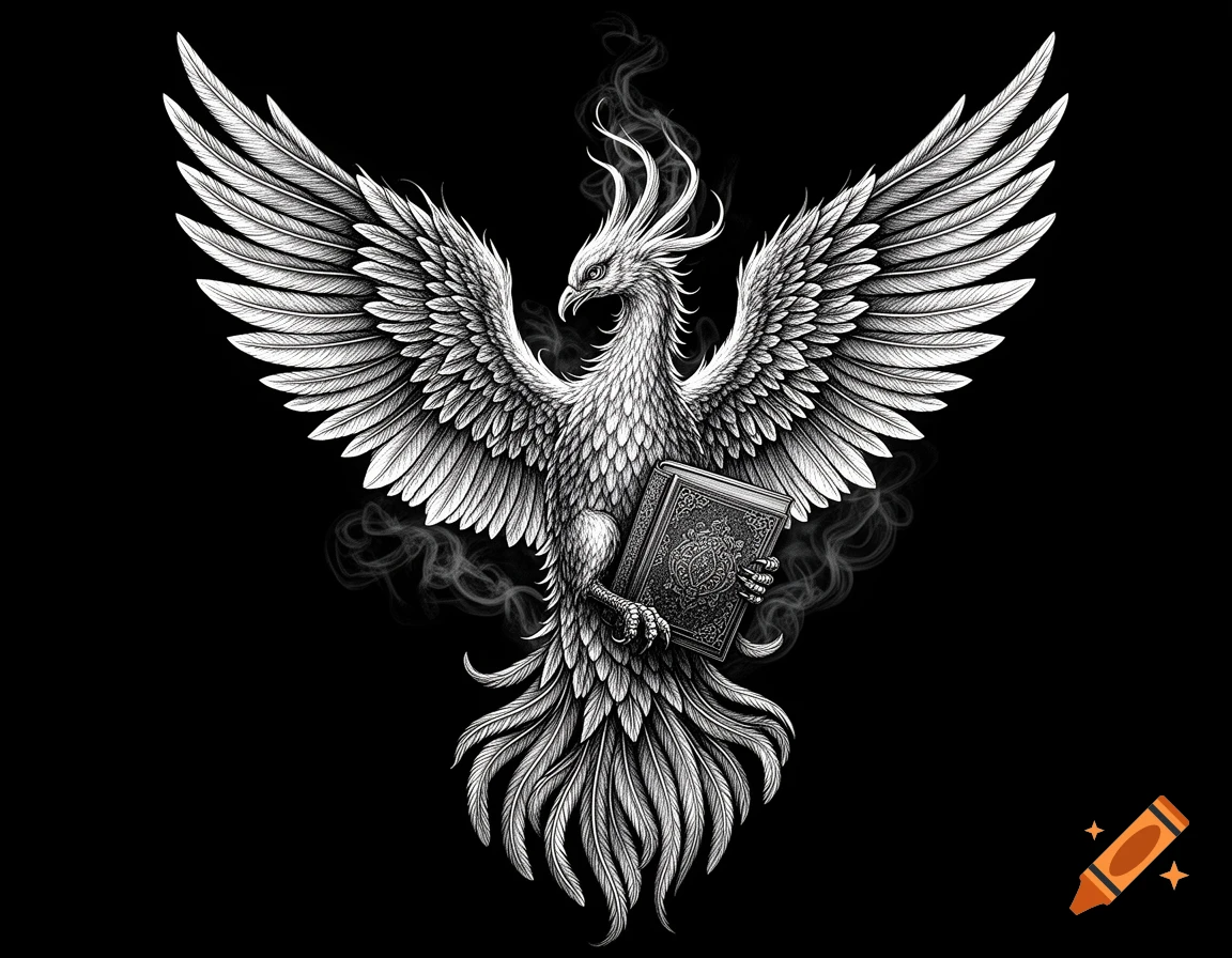 Detailed black and white illustration of a majestic phoenix with spread wings, holding an ornate book, against a dark background.