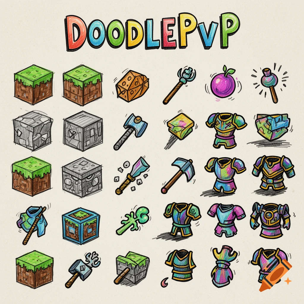 A grid of colorful, hand-drawn doodle-style Minecraft-like blocks, tools, and armor, with the title DOODLEPVP.