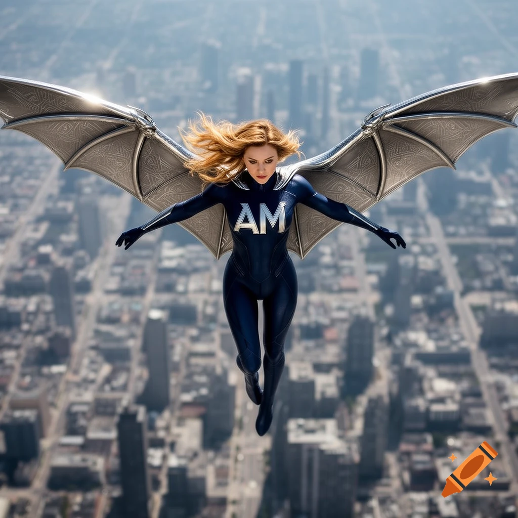 Female superhero with metal wings flying over a city, wearing a dark blue suit with 'AM' on the chest.